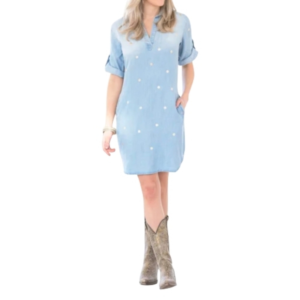 Anthropologie Cloth & Stone Women Shirt Dress Light Blue Polka Dot 3/4 Sleeve S